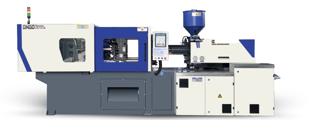 Z Series injection molding machine — ZX110JQ with 1,100 kN clamping force, showing the clamp unit, injection carriage and hopper in one frame